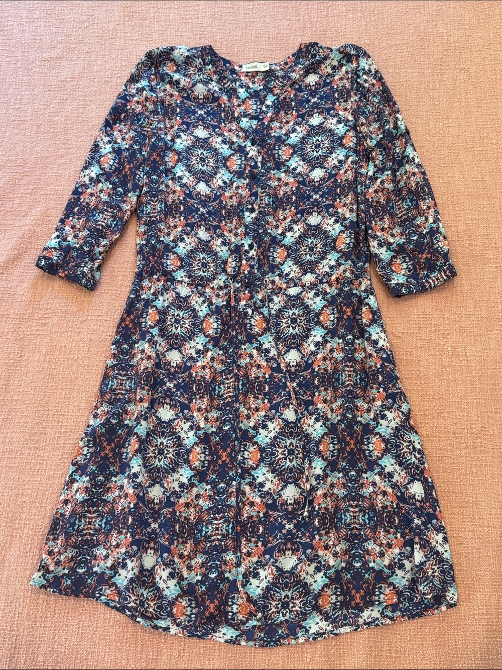 Floral wm’s Spanish brand Navy A-Line Midi Dress with Three-Quarter Sleeves